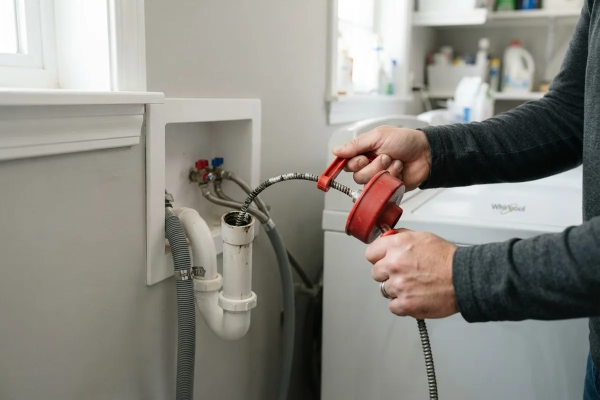 Homeowner using a hand auger to clear a washer backing up into the sink via the standpipe