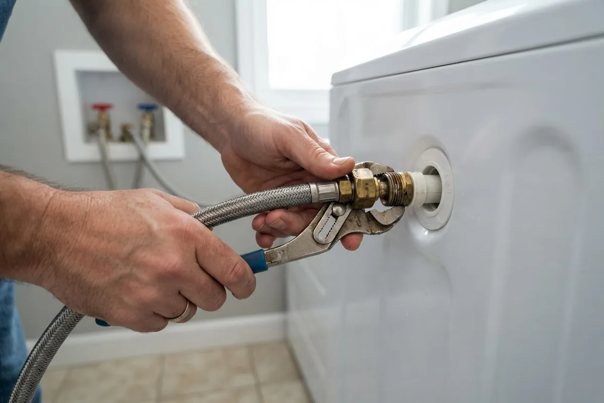 Hands disconnecting a braided hose to fix a washer filling slowly due to clogged inlet screens.