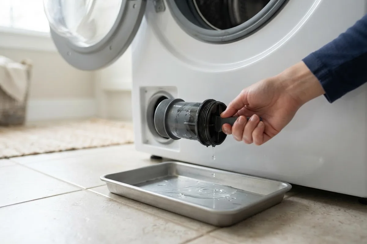A homeowner unscrewing and cleaning a washing machine drain pump filter on a white tile floor.