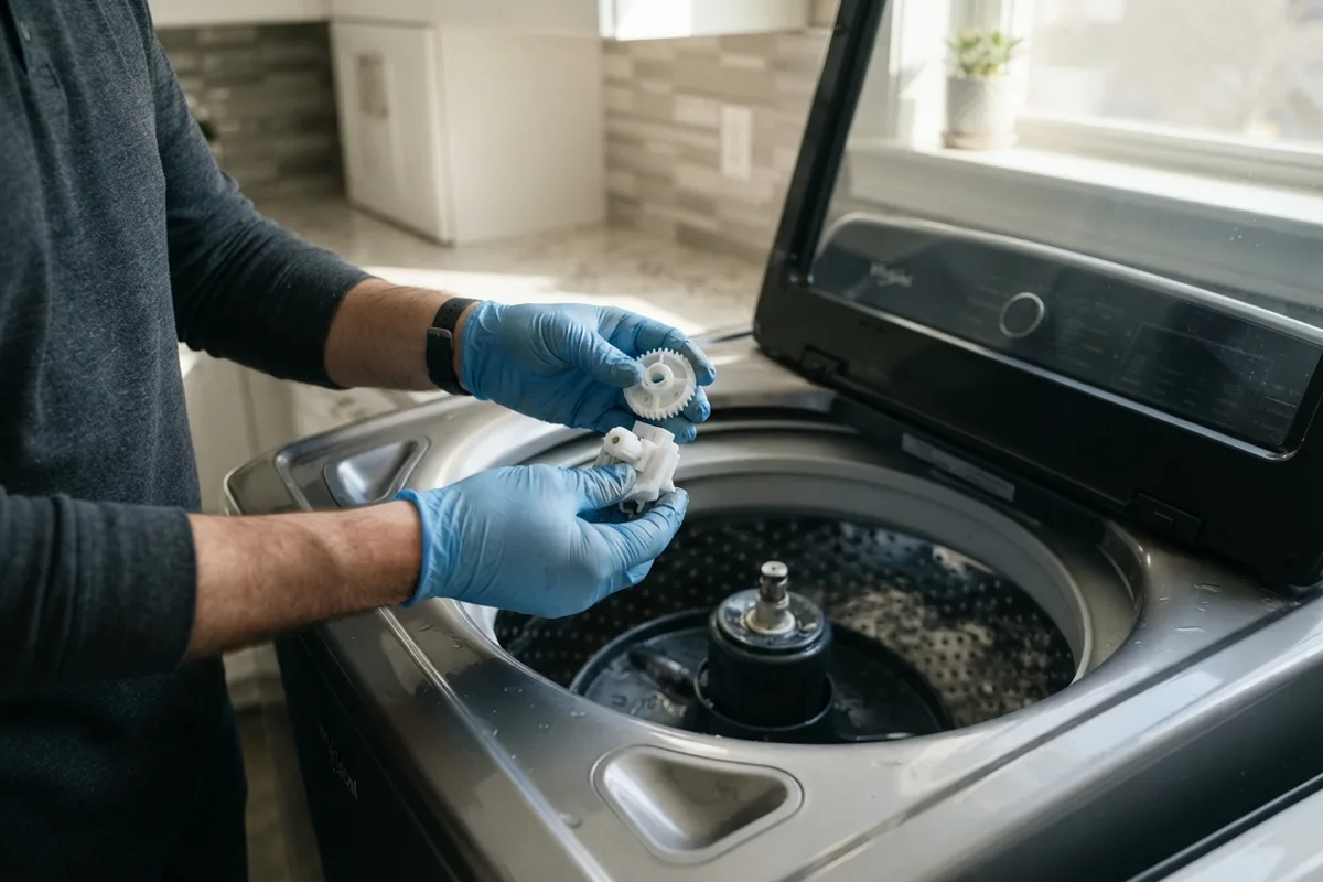 Homeowner holding replacement plastic agitator cogs next to a top-loading washing machine drum.