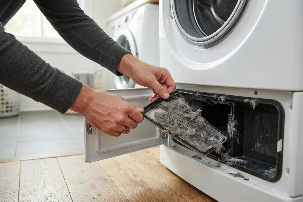 Hands pulling a clogged drain pump filter out of a washing machine to fix standing water issues