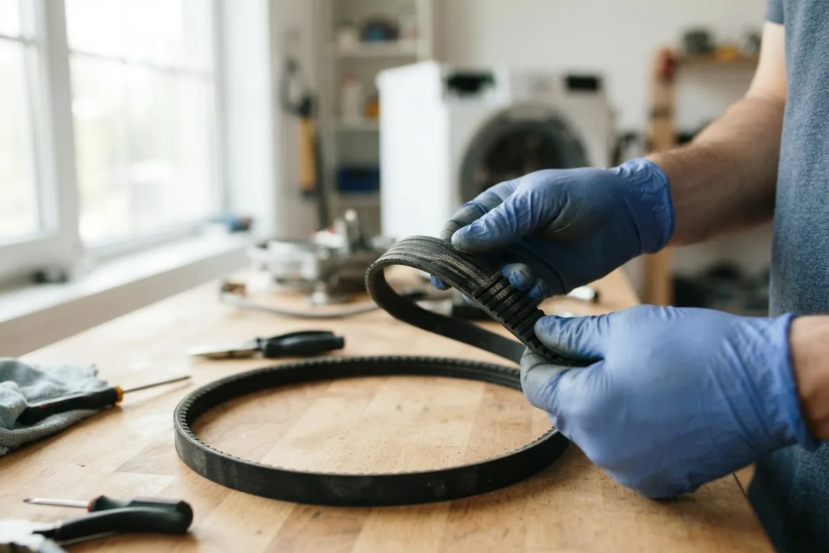 Close-up inspection of a washing machine drive belt during DIY troubleshooting to fix a washer not spinning.