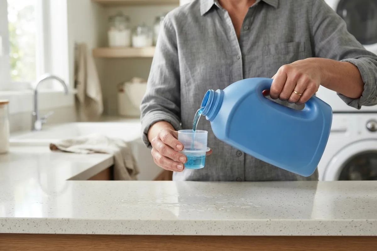 Measuring correct HE laundry detergent dosage to prevent washing machine suds overflow.