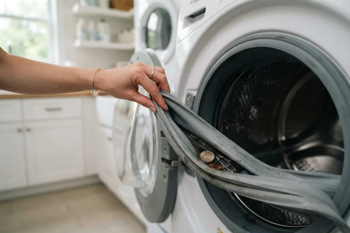 Inspecting the rubber gasket seal of a washing machine to find causes of washer ripping clothes.