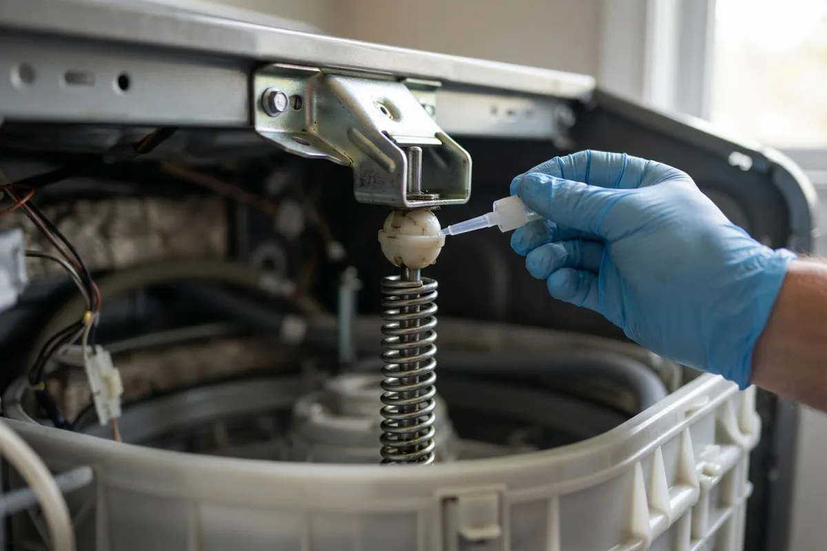 Close-up inspection of washing machine suspension spring and mounting bracket to silence washer squeaking.