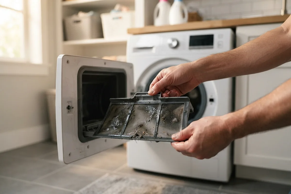 Cleaning a clogged washing machine drain filter to fix a washer stopping mid-cycle