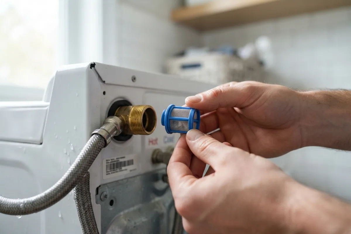 Close-up of cleaning water inlet filter screens to fix a washing machine beeping error code