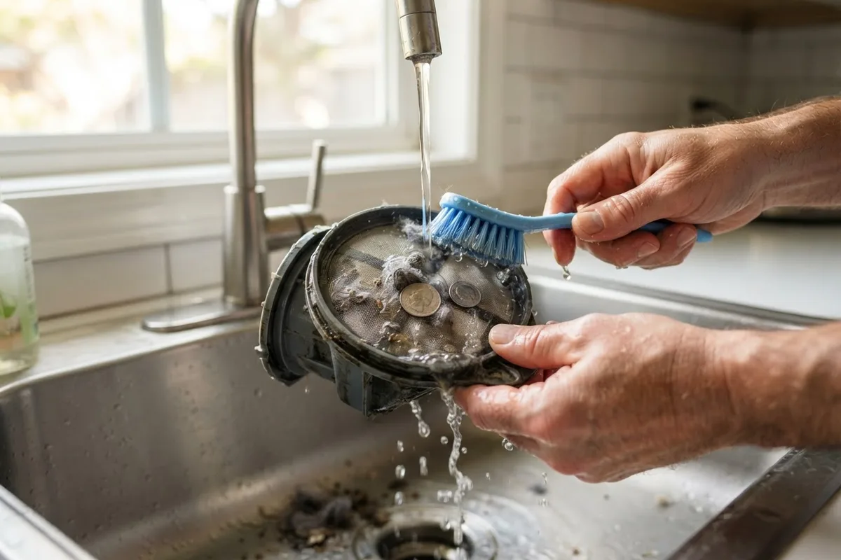 Cleaning a clogged pump filter to fix a washing machine not draining