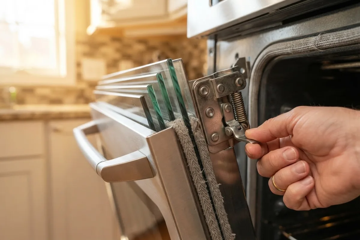 Close-up of an oven door hinge and perimeter seal being inspected to fix an oven door hot to touch