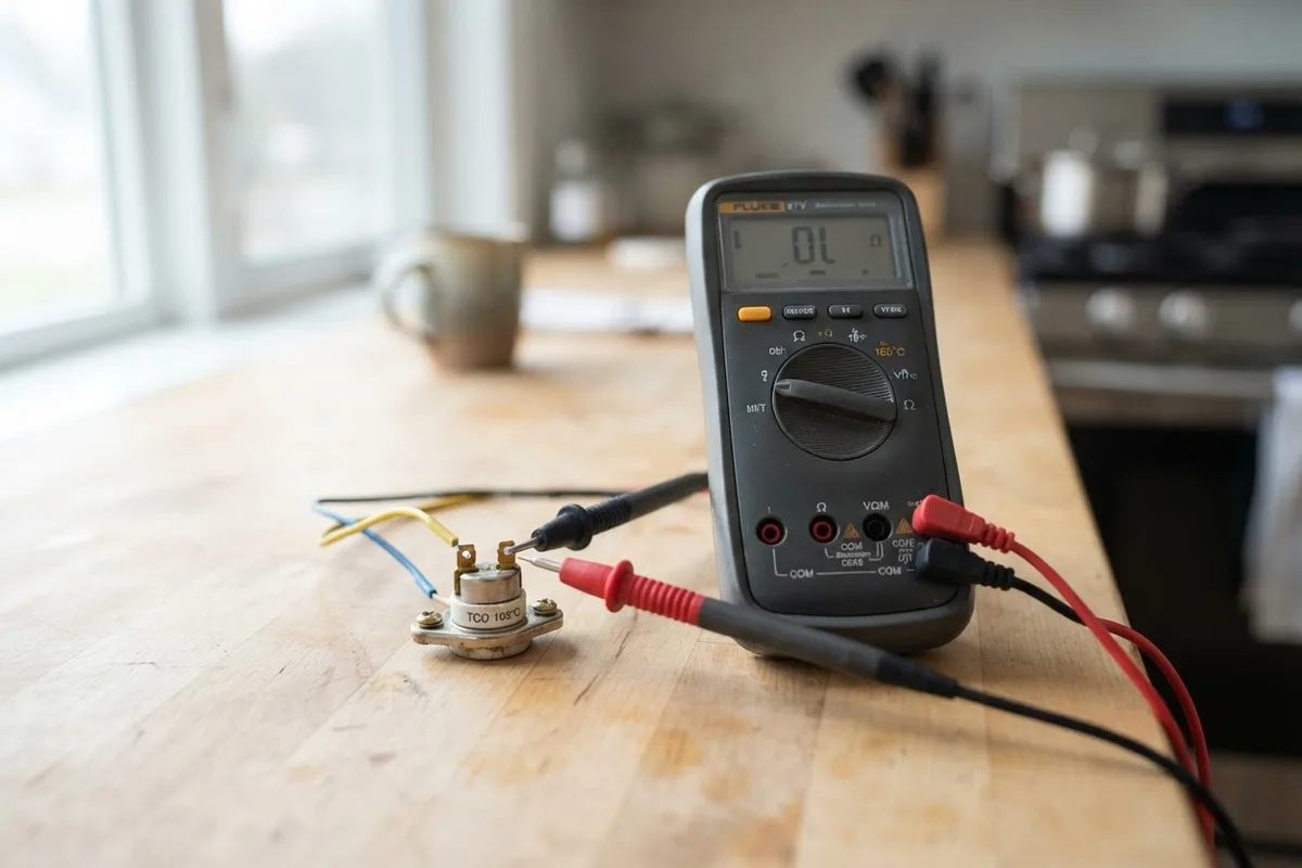 Testing an oven fan thermal switch with a digital multimeter to fix an oven fan not turning off.