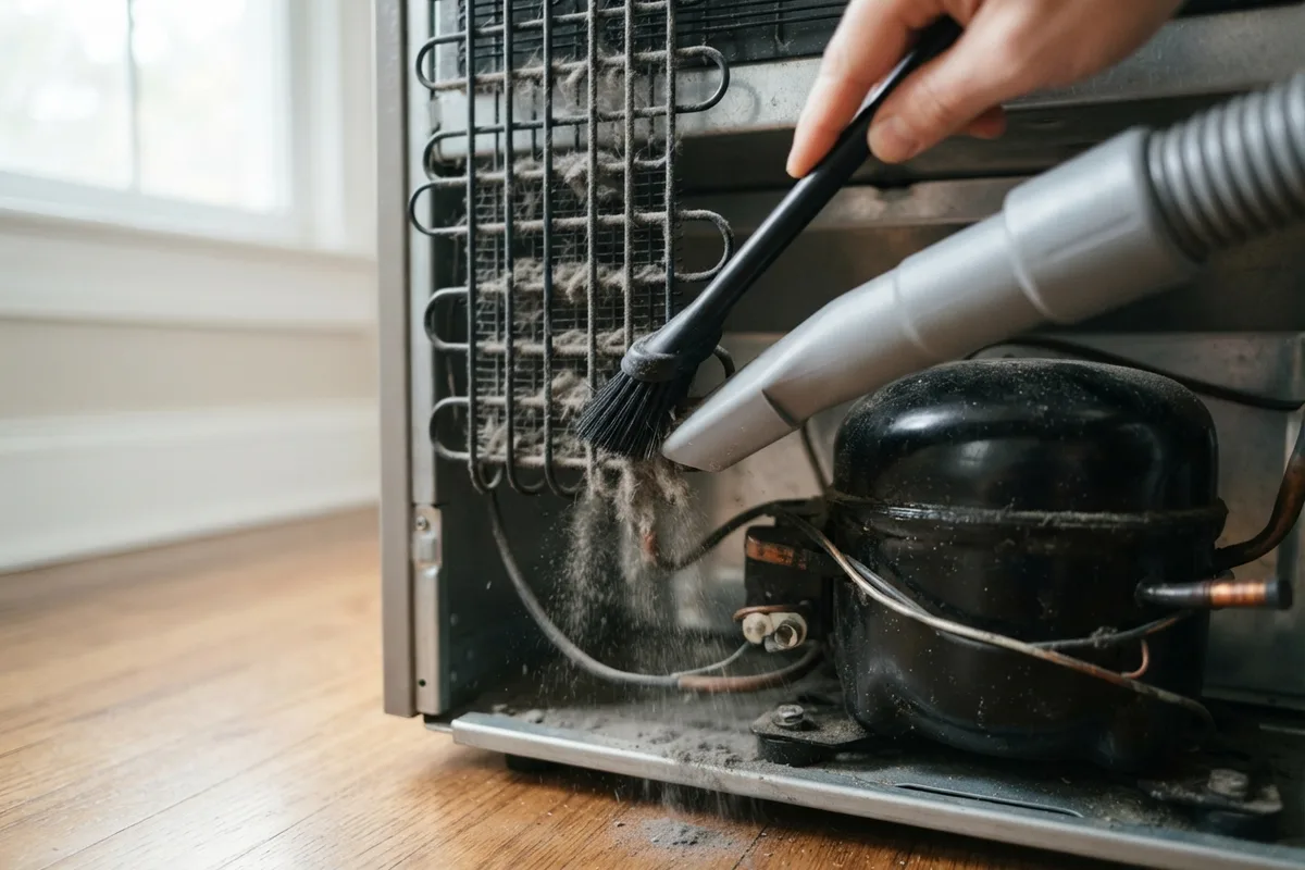 Cleaning dusty coils and inspecting components around a clicking refrigerator compressor.