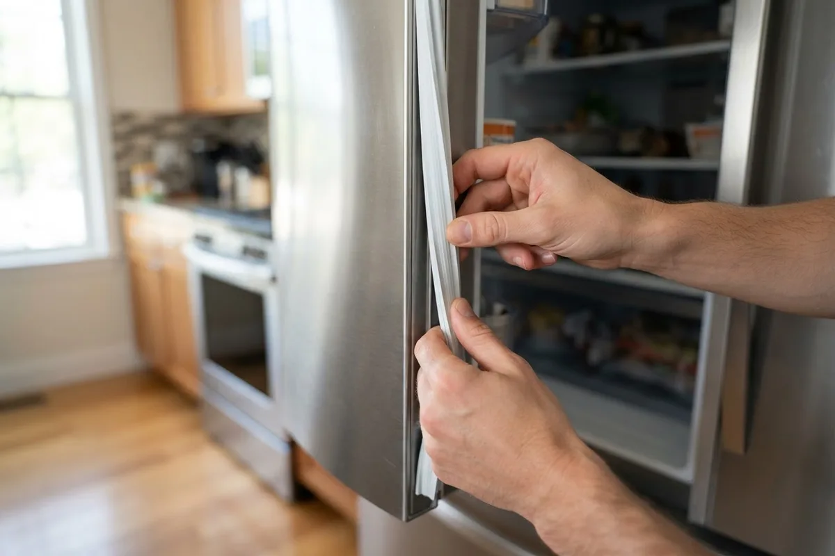 Homeowner repairing a refrigerator door gasket torn along the edge by pressing a new seal into the door track