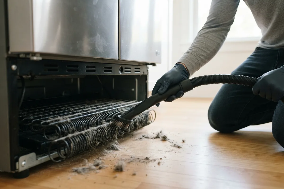 Cleaning dusty refrigerator condenser coils with a vacuum tool to stop food spoiling in refrigerator