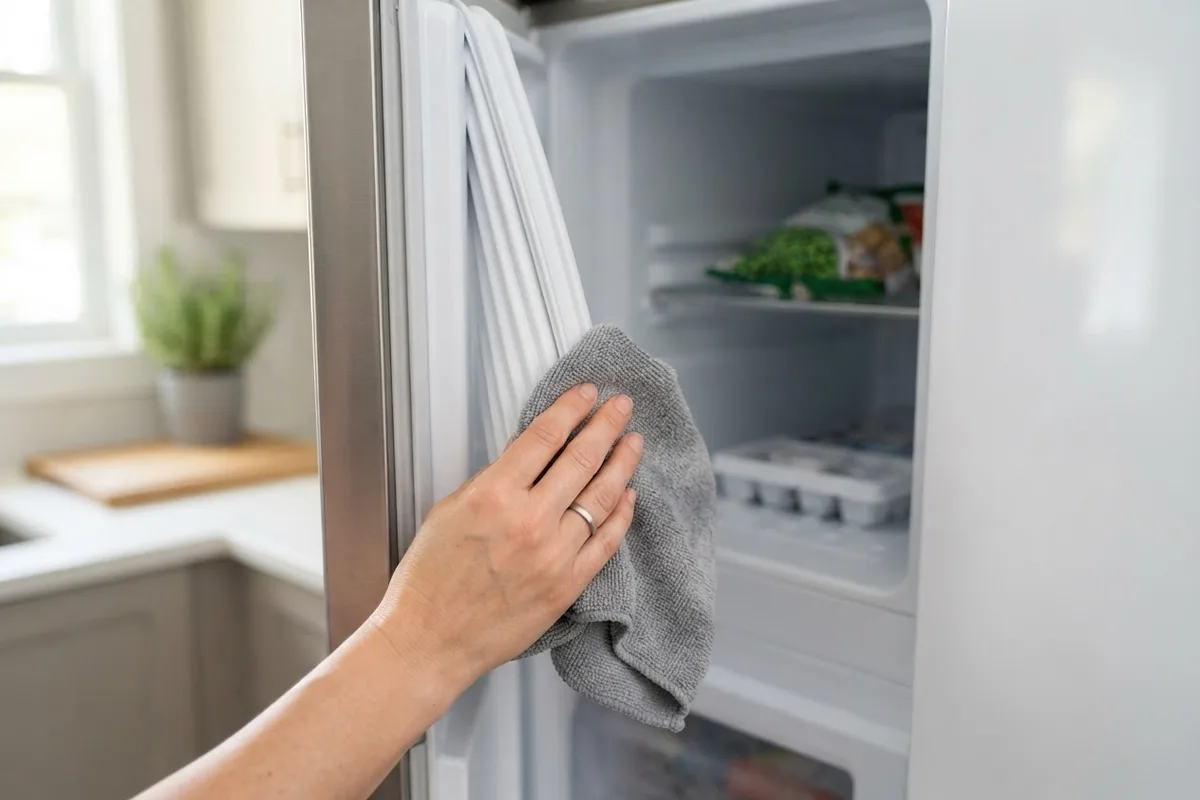 Cleaning refrigerator door gasket to prevent humid air leaks and refrigerator ice clumping.