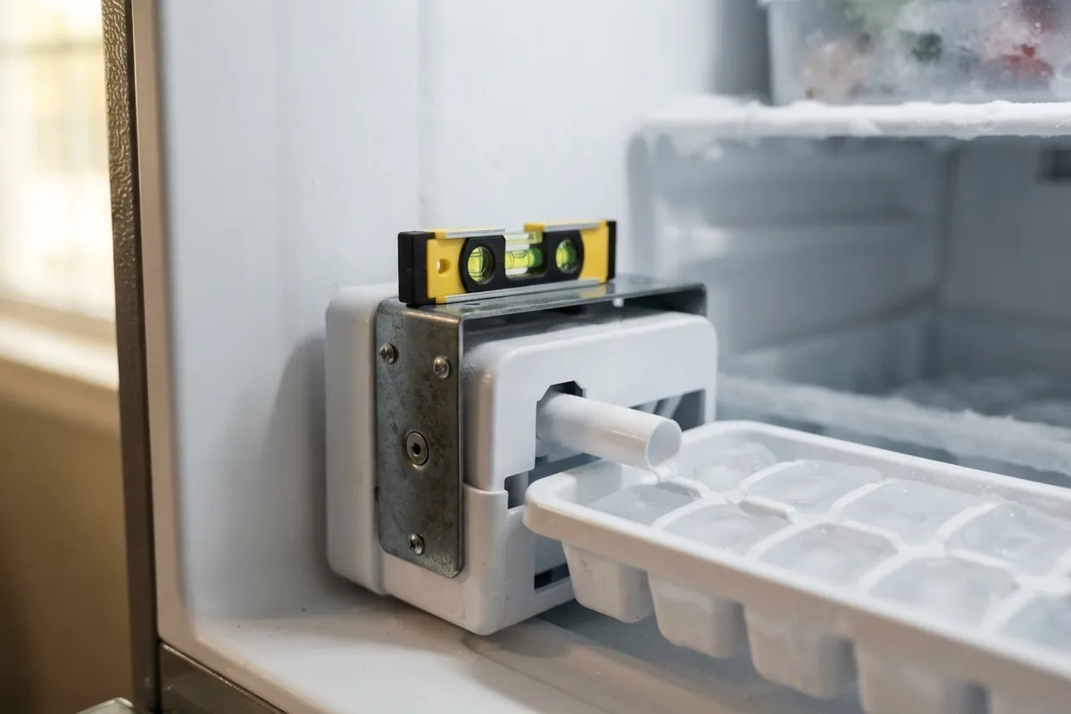 Close-up of a torpedo level resting on a refrigerator ice maker mold during a DIY leak inspection