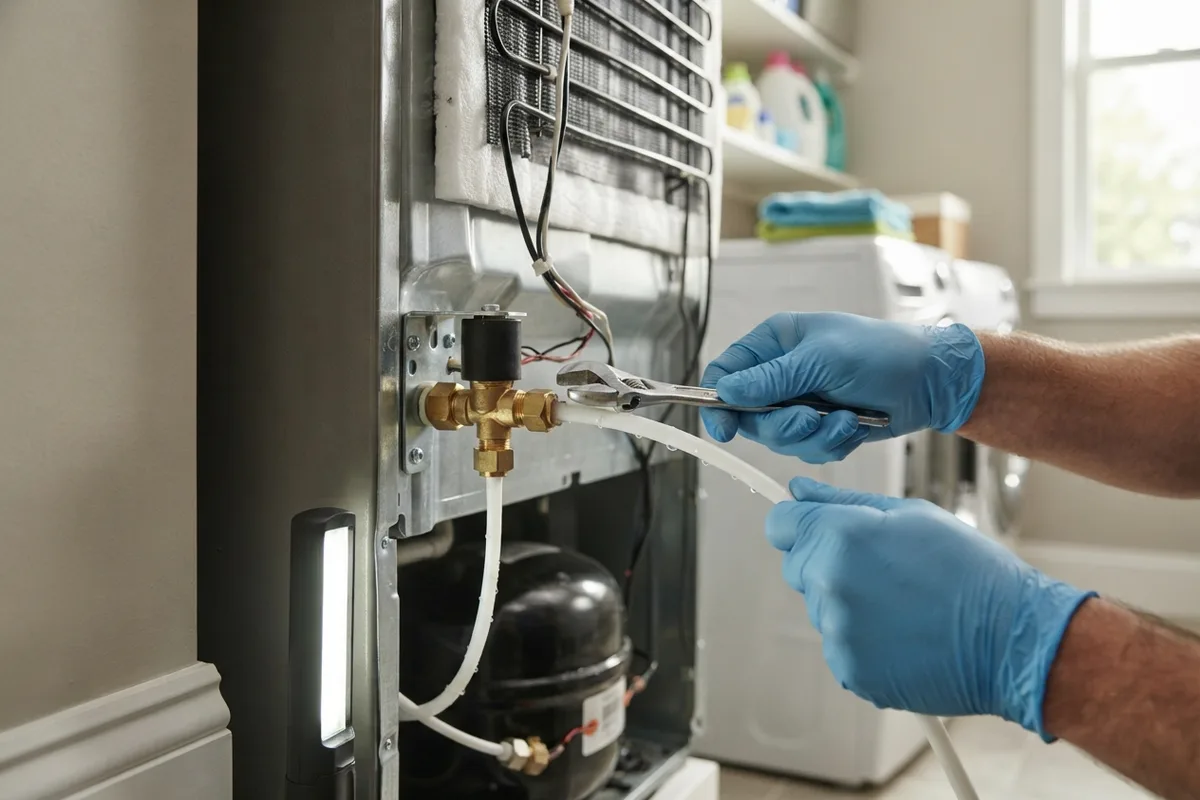 Close-up inspection of a water valve assembly to fix a refrigerator ice maker overflowing with water.