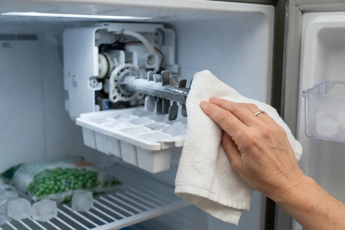 Close up view of hands inspecting an ice maker module to fix slow refrigerator ice production.