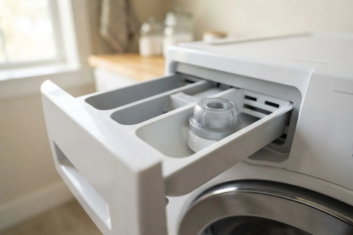Close-up of a washing machine tray when fixing a washer bleach dispenser not working