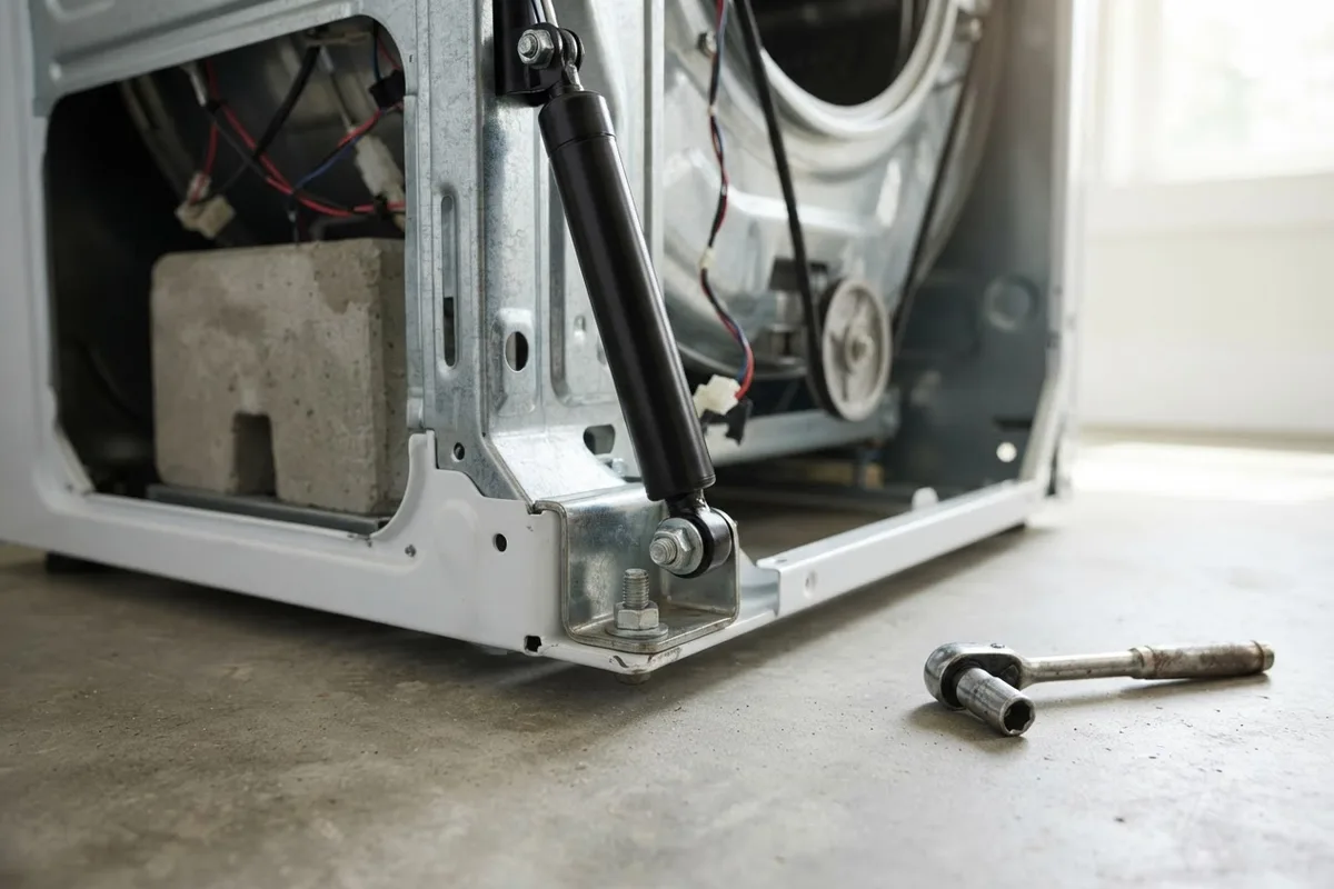 Close up of a washing machine shock absorber strut being inspected to fix a washer drum loose inside cabinet.