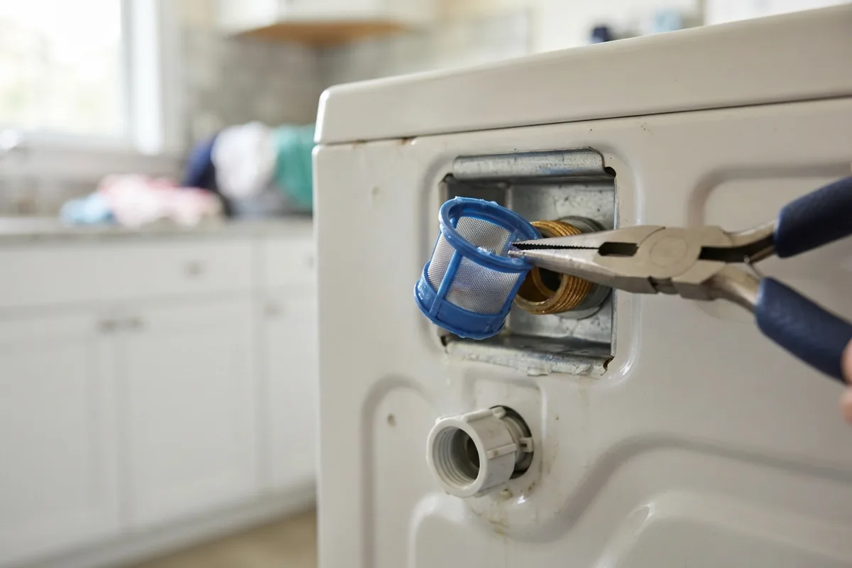 Close-up of cleaning a mesh inlet filter screen on the back of a washer not filling with hot water.