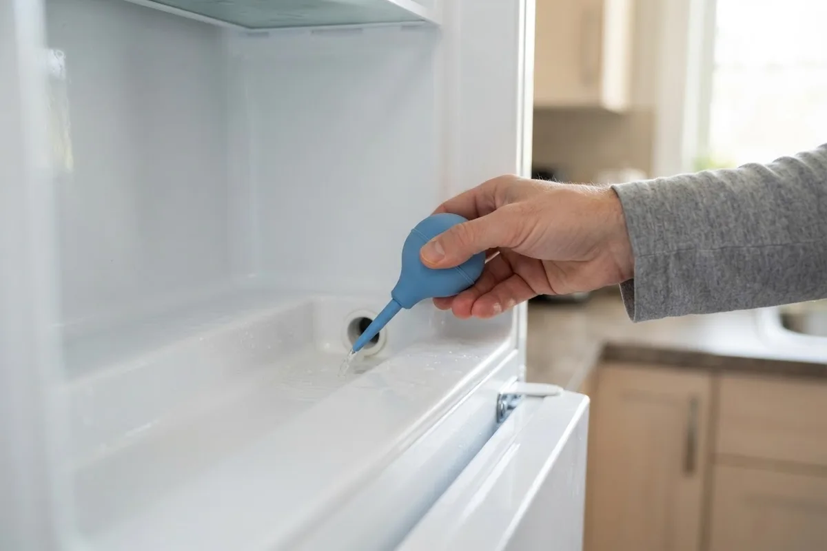 A homeowner flushing the defrost drain to prevent water under refrigerator drawers.
