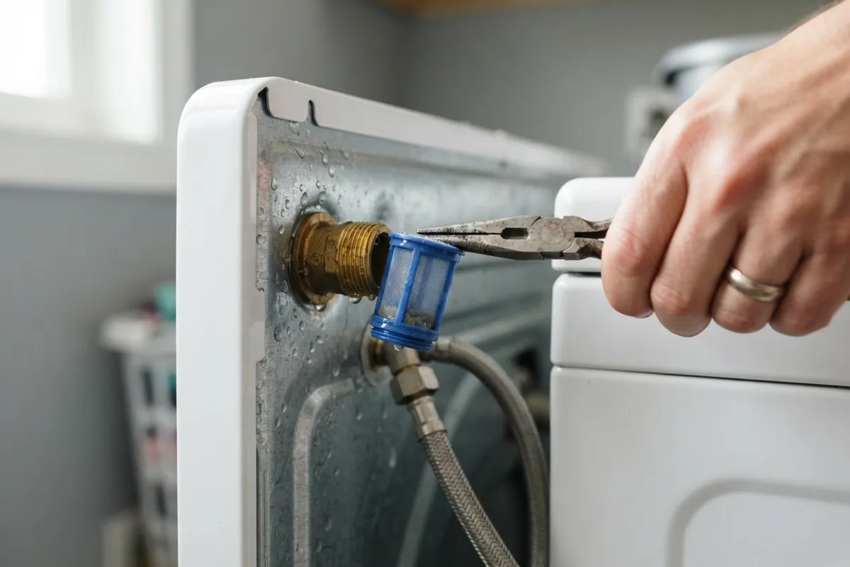 Cleaning clogged inlet screens to fix a washer water level too low in a home laundry room.