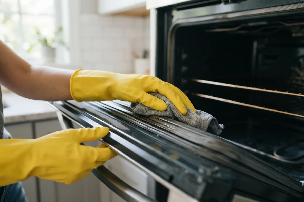 Hands cleaning a door gasket during winter appliance maintenance to prevent heat loss and cut utility costs.